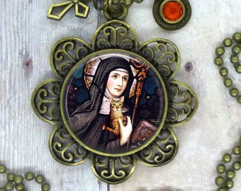 Saint Gertrude of Nivelles, Patron Saint of Cats and Families Who Love Them. Beautiful Image Necklace, Help for Good Vibrant Health, Energy.