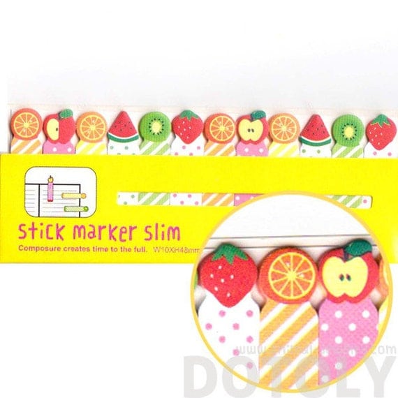 Colorful Kiwi Orange Strawberry Fruit Shaped Sticky Post-it Index Bookmark Tabs | Cute Affordable Food Themed Stationery