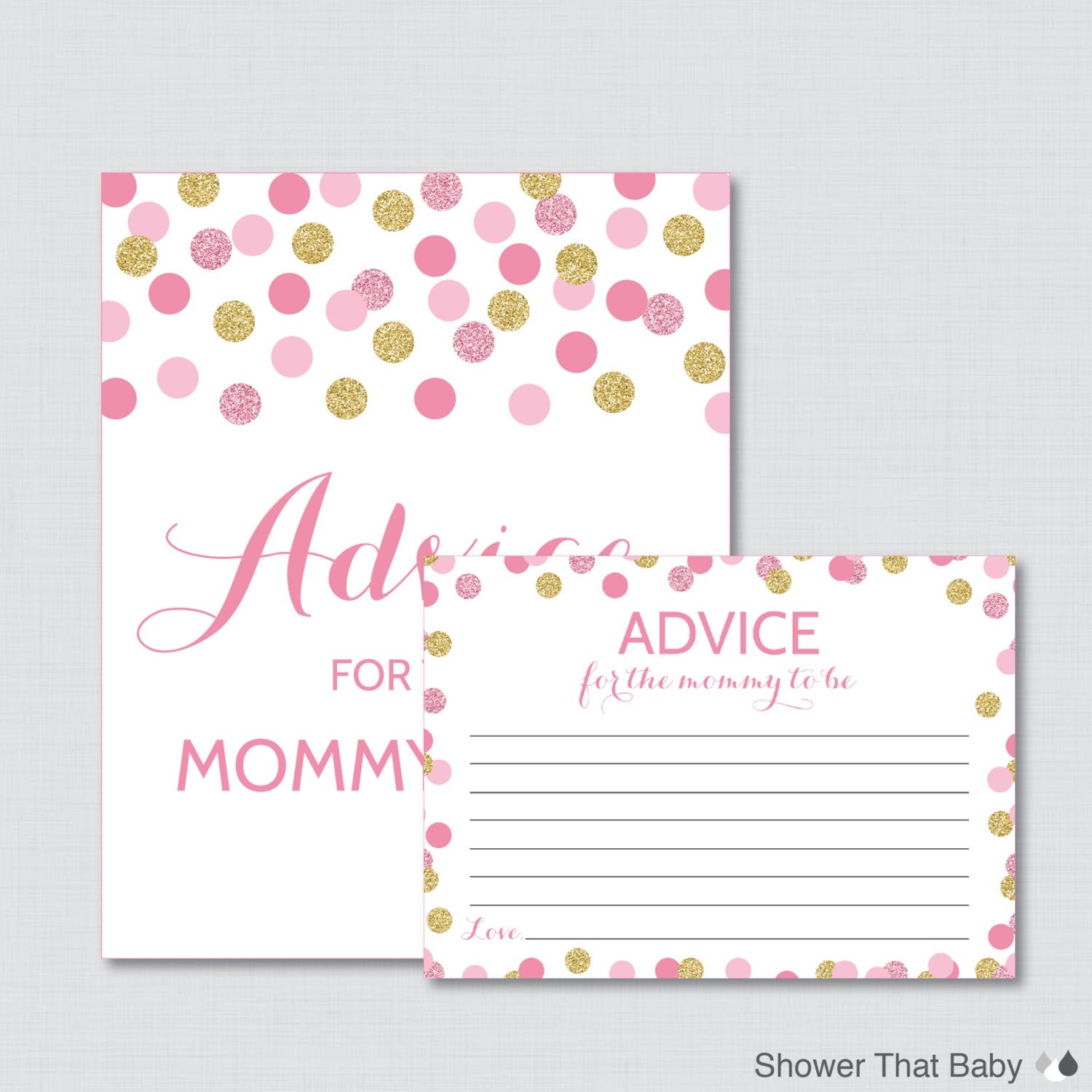 Advice for Mommy to Be Cards and Sign Pink and Gold Baby