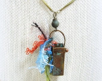 Brass box talisman handmade jewelry-hand formed box + bail with fiber, verdigris ..a gift of laughter TAGT