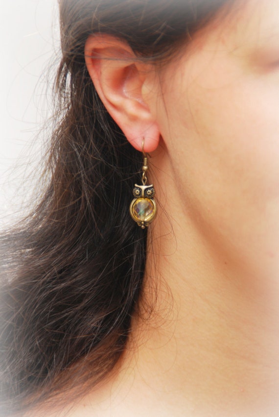Owl bronze earrings. Stylish Metal Owl Earrings with beads. Lovely owl earrings.