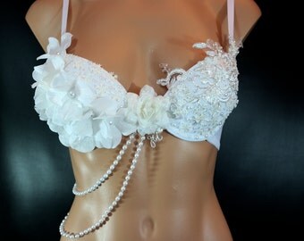 White Snow Queen Lace Rave Bra . Winter Princes Flower Pearl Bra. Festival Burlesque GoGo Dancer Outfit