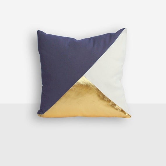 Geometric Navy White & Metallic Gold Pillow by northwestdecor