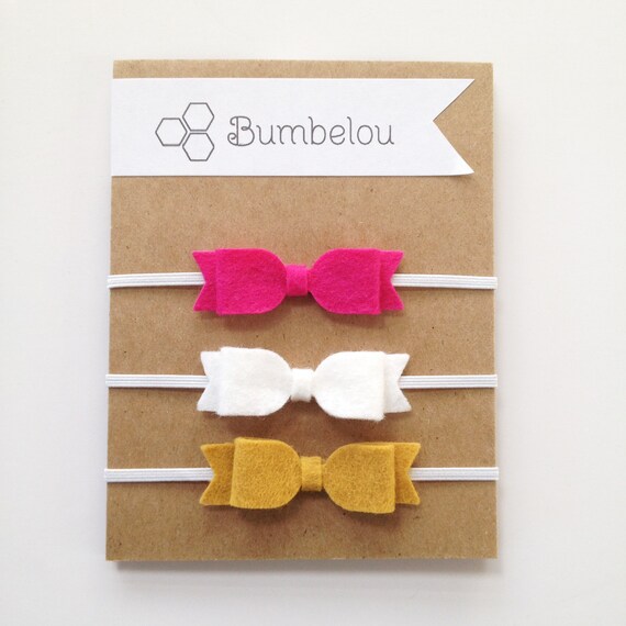 3 mini bow headbands - Fuschia and Gold