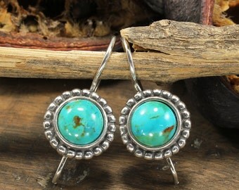 Silver Turquoise Earrings, Vintage Style, Drop Earrings, Turquoise Earrings, 925 Sterling Silver, Dainty Round Earrings X901