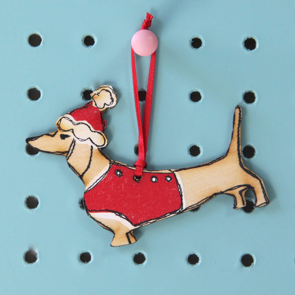 handmade wooden christmas tree decoration in dapper doggie dachshund design - festive dingly dangly decoration collection.