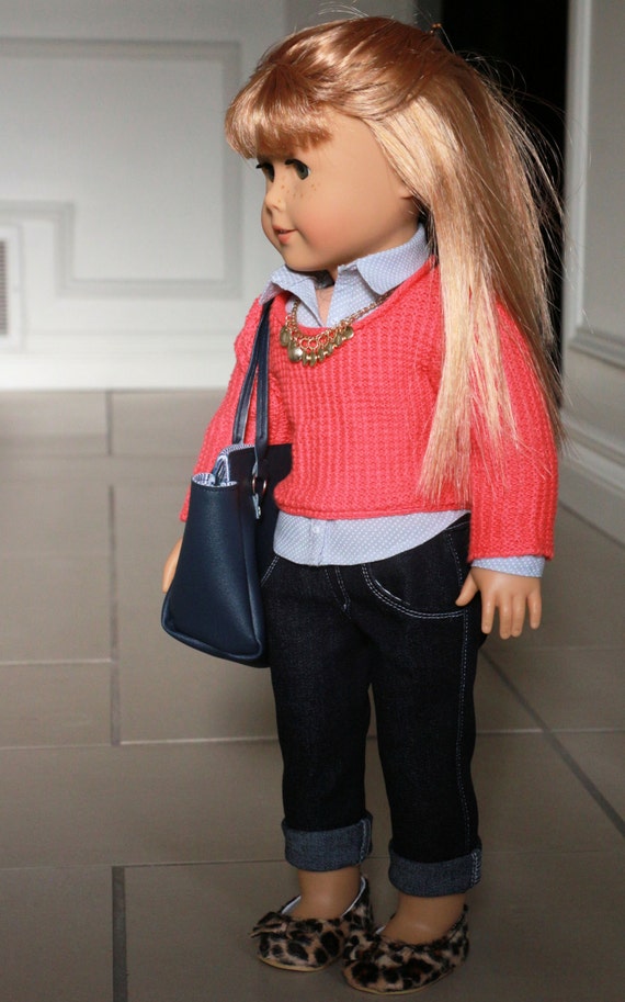 American Girl Doll Clothes, Fits 18 inch Dolls,  Coral sweater, Grey Dot Shirt, Boyfriend Jeans, Gold Necklace and Navy Bag