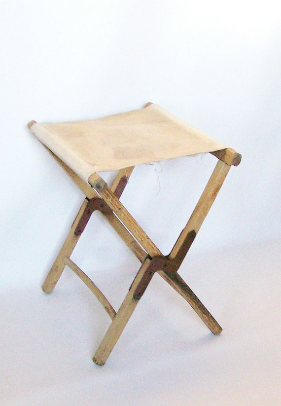 Vintage Sturdy Canvas Wood Stool WWII Army Surplus Cabin
