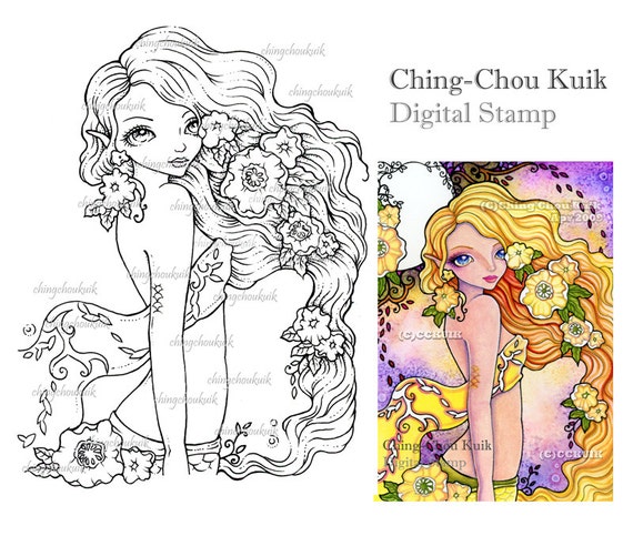Spring In the Air - Digital Stamp Instant Download / Flower Shawl Mermaid Fairy Fantasy Art by Ching-Chou Kuik