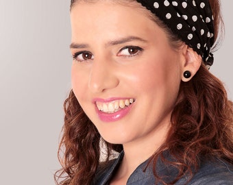 Winter sale - Black headband - Bandanna headband - Headband with polka dots print - Cotton bandanna