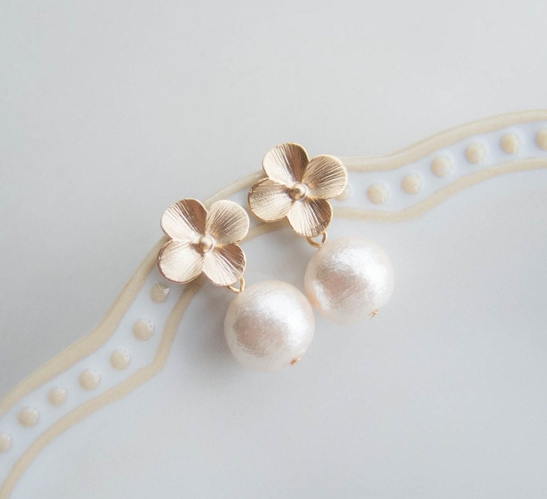 Dainty Hydrangea and Cotton Pearl Earrings . gold flower studs