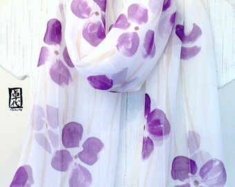 Hand Painted Silk Scarf, Purple Poppies Floral Scarf, Purple Silk Scarf. Silk Scarves Takuyo, 10x58 inches. Made to order