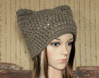 Knit Pussy Hat, Chunky Wool Beanie, Womens Baby Cat Ears Knitted Skull Cap, Hand Knit Mid Brown Photo Prop Beanie. Australia