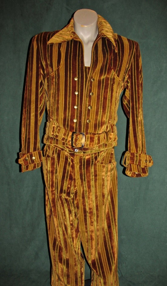 20 off ShopWide 70s Gold Striped Vintage Velvet Suit with