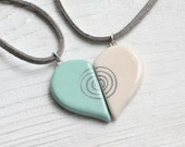 Set of a half heart hand painted pendants for you and your loved one in mint and beige colors