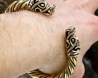 Bronze & Brass Wolf Heads Vikings Nordic Handmade Heavy Torc Twisted Wire Bracelet