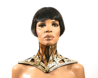 Gold cage neck corset armour posture necklace gothic choker in chrome slave collar victorian edwardian bdsm fetish steampunk cyber goth