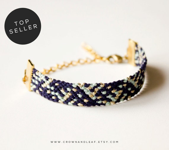 Navy Fleck / Rag Rug / Gold Chain Friendship Bracelet / Woven