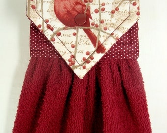 Cardinal Hanging Hand Towel, Cardinal Kitchen Towel, Handmade Holiday Hand Towel, Cardinals Decor, Burgundy Kitchen Decor, Christmas Gift