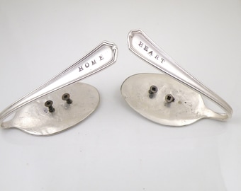 Custom Stamped Curtain tie backs. Two wall hooks made from up cycled vintage silver-plate tablespoons. Shabby & distressed. You choose words