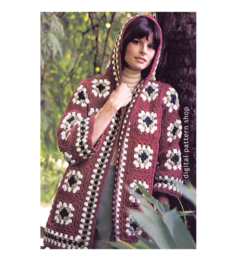 Womens Crochet Pattern Hooded Jacket Vintage Granny Square