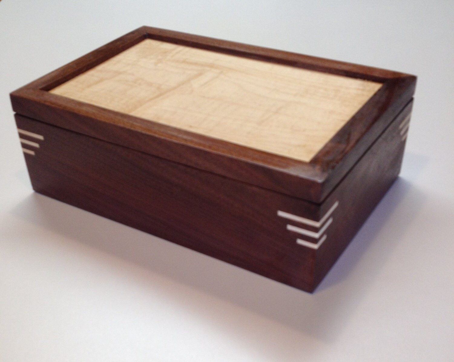 Walnut Jewelry Box with curly maple lid and splines