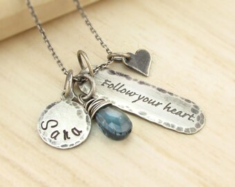 Personalized Graduation Necklace - Rustic Hand Stamped Jewelry - Antiqued Sterling - Gemstone Birthstone - Follow Your Heart - Name Disc