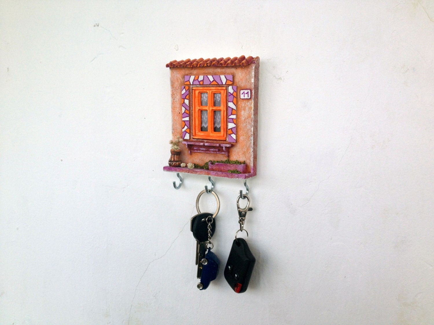 Wall Key Holder Miniature Ceramic Pottery House. White Orange