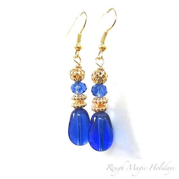 Cobalt Blue & Gold Earrings Classic Blue by RoughMagicHolidays