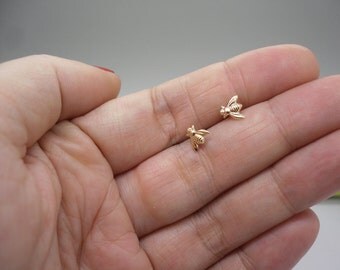 Bee earrings - Tiny gold brass bee studs earrings with sterling silver posts