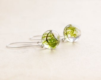 Green moss earrings | Round resin earrings | Resin nature earrings | Real moss nature jewelry | Nature resin jewelry | Round moss earrings