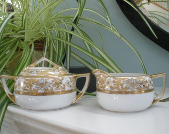 Beautiful Hand Painted Porcelain Gold Leaf Nippon Cream & Sugar Set