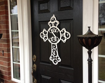 Metal Front door wreath, cross door hanger, monogram door wreath, initial door hanger, Easter Wreath, Outdoor Wreath, monogram wreath,