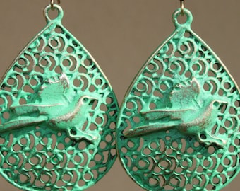 Green Earrings Patina Earrings Drop Earrings Dangle Bird Earrings Boho Chic Earrings Bohemian Earrings Jewelry Large Earrings