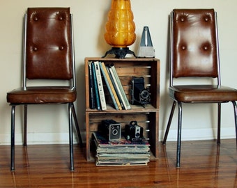 1970s Brown Vinyl High Back Chair Pair, Vintage Furniture, Vintage Home Decor Chairs, Unique Button Chairs
