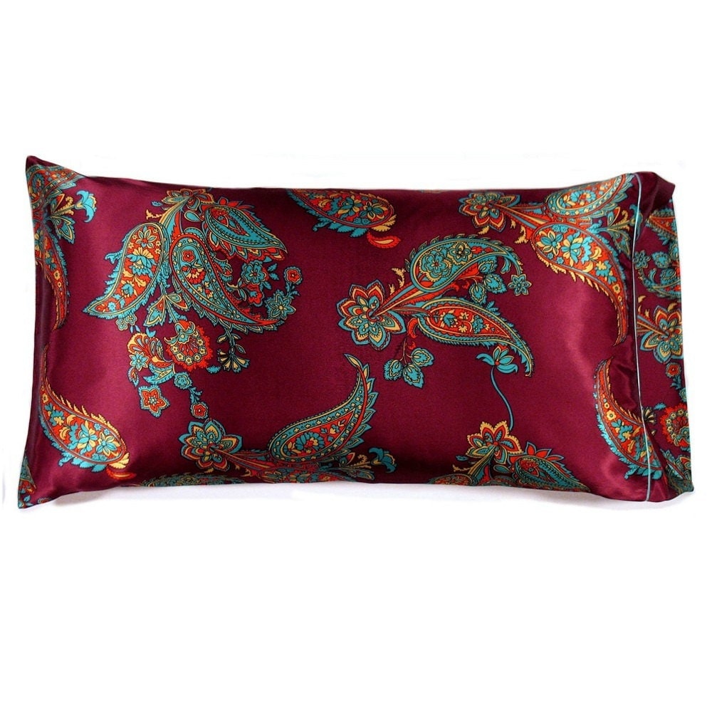 King Size Satin Pillowcase. Maroon Paisley Print. Keep Vital