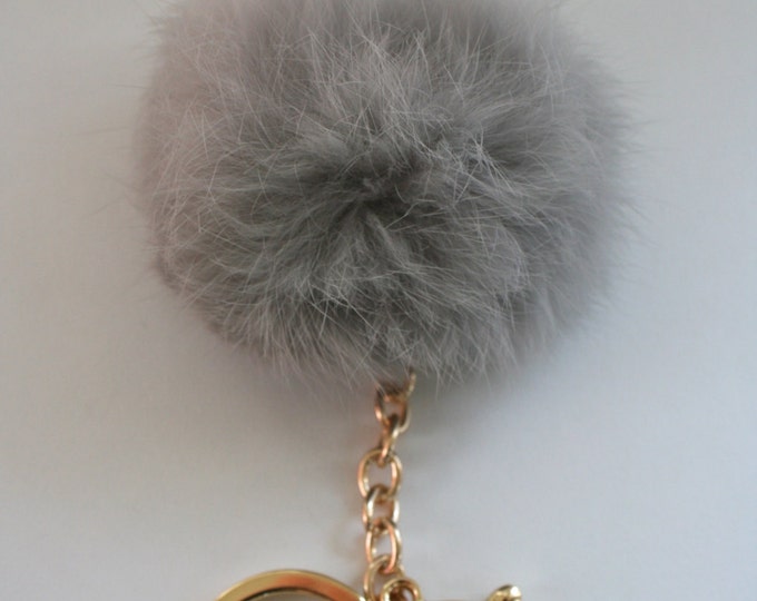Grey Natural Limited Edition Very Rare Color Tone Genuine Rabbit fur pom pom keychain or bag pendant C