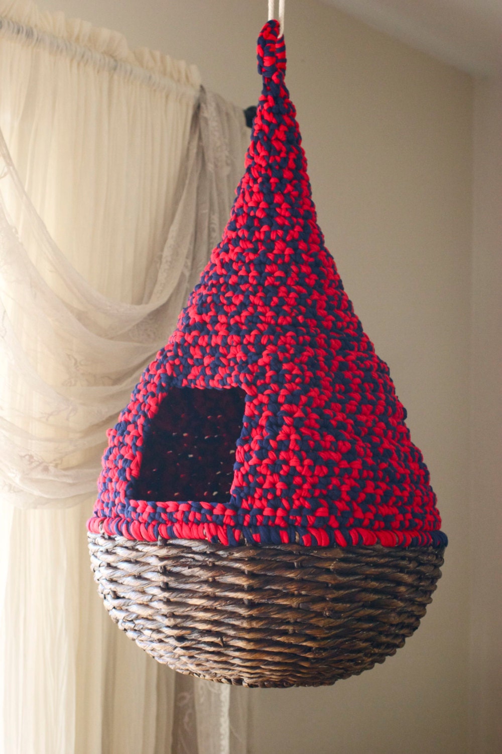 Hanging Cat Nest Bright Red and Navy Blue Round Teardrop