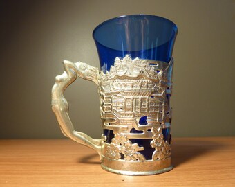Items similar to Vintage Cobalt Blue Blown Glass Mug with 
