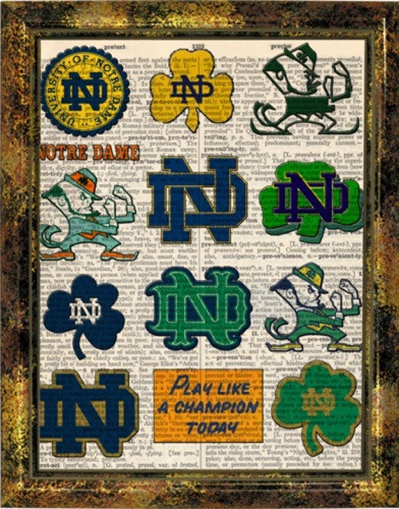Notre Dame Fighting Irish Logo history dictionary art 8x10, on upcycled