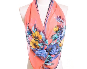 Womens Scarf, Red Scarf, Floral Print Scarf, Fashion Scarf, Chiffon Scarf, Voile Scarf, Cotton Scarf, Womans Scarf