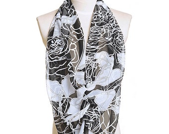 Womens Scarf, Black Scarf, Floral Print Scarf, Fashion Scarf, Chiffon Scarf, Voile Scarf, Cotton Scarf, Womans Scarf