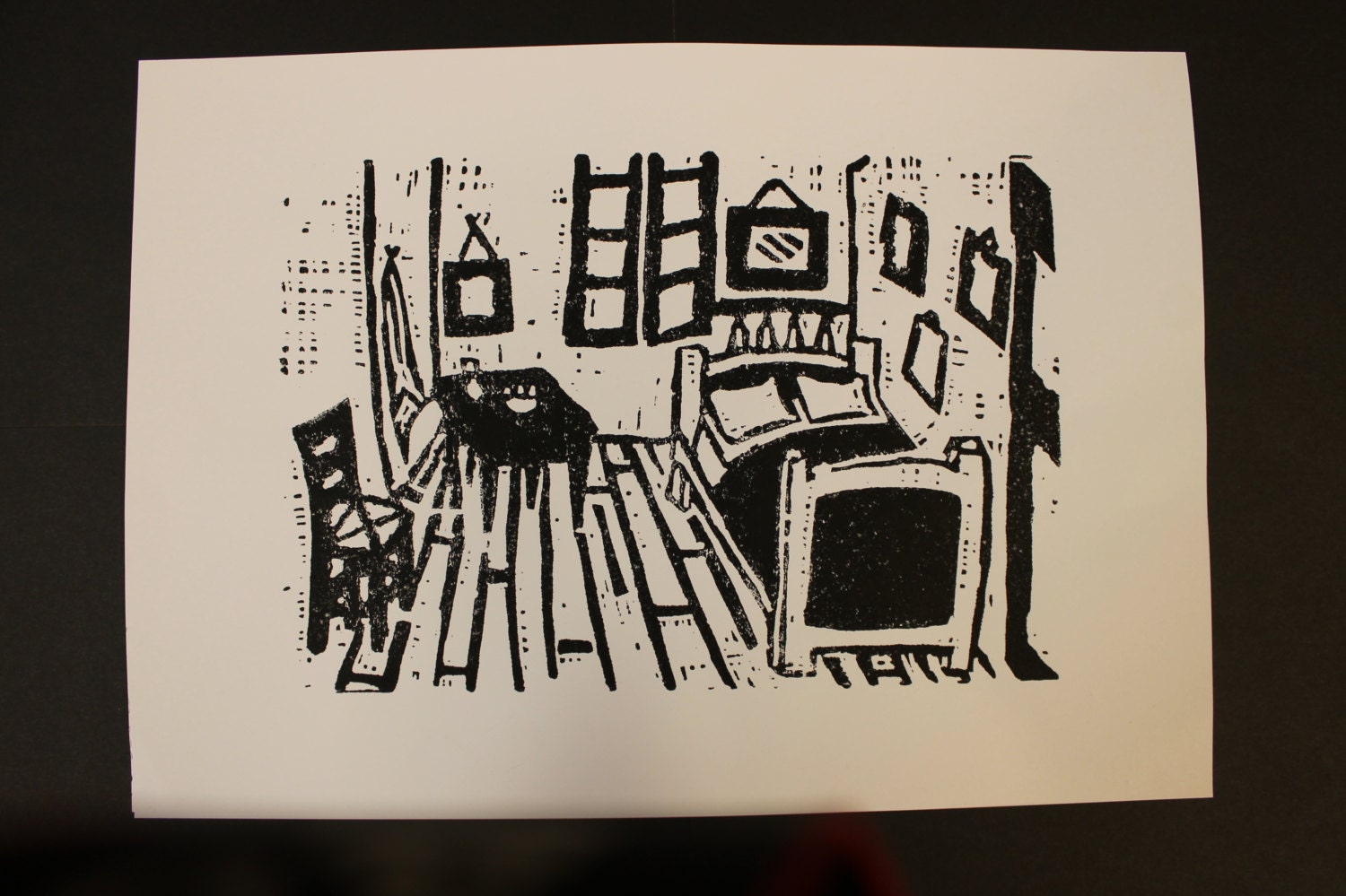 Black and whit Lino print based on the Van Gogh painting
