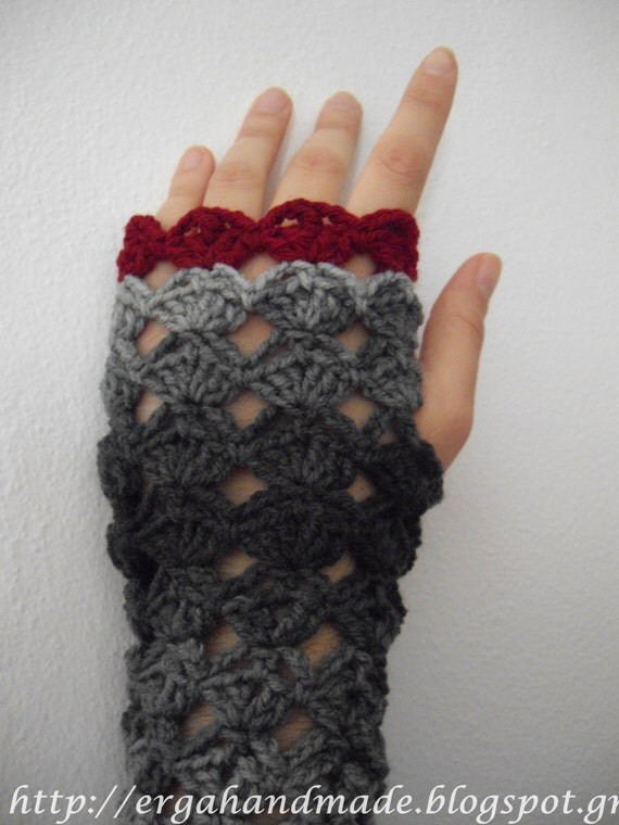 Grey Lace Crochet Gloves