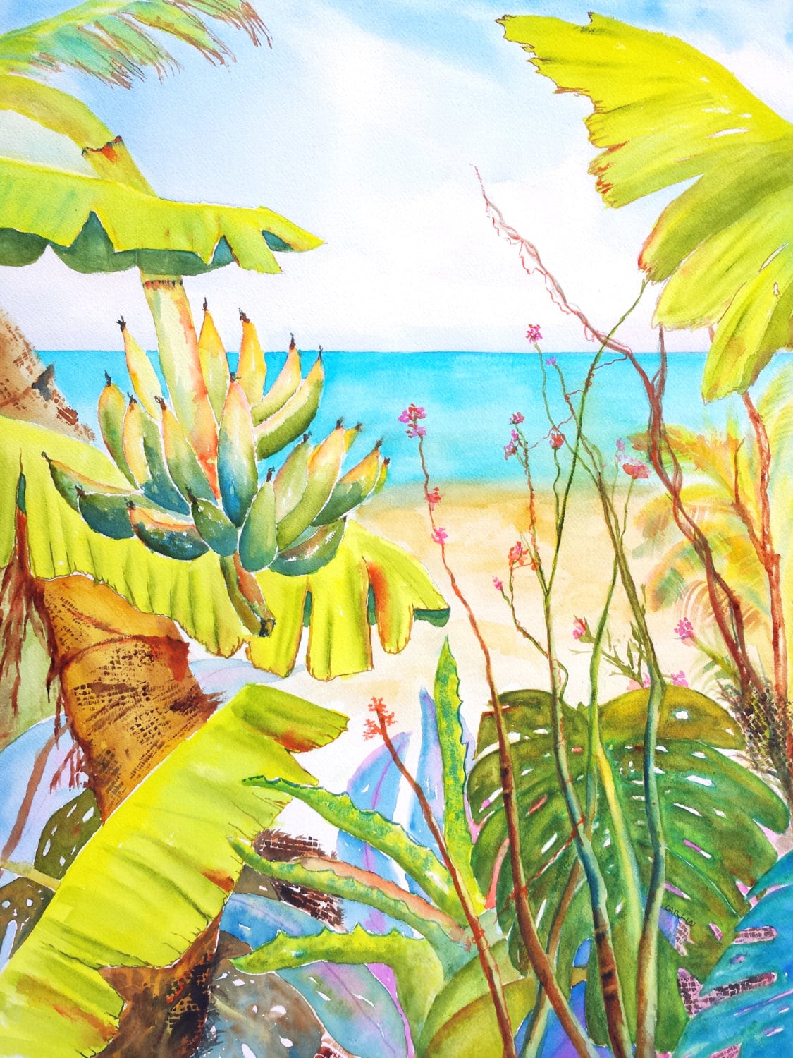 Large Watercolor Painting Tropical Beach GardenOcean