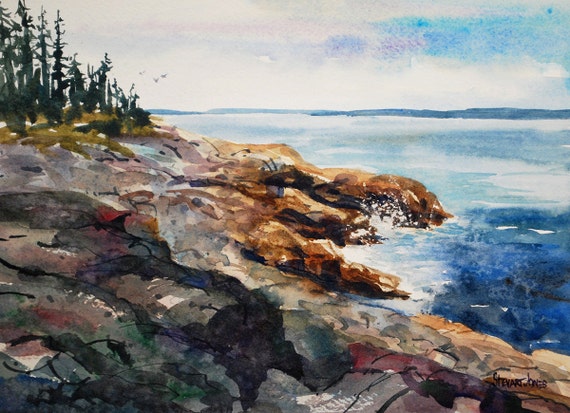 Items similar to Maine watercolor painting, On The Rocks, Original ...