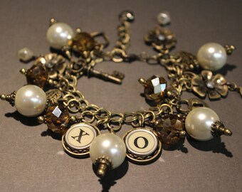 Hugs and Kisses Vintage Typewriter Key Charm Bracelet - Antique Brass. Gift for Writers. Valentine's Day Gift. Upcycled.