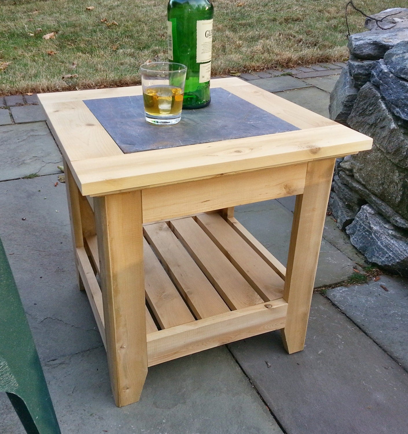 Handmade Cedar Patio Side Table with a Tile Inlay