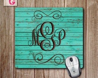 Monogram Mousepad on Teal Wooden Plank Background, Teal Mouse pad, Personalized Mouse Pad, Cute Desk Accessory, Choose Your Background Color