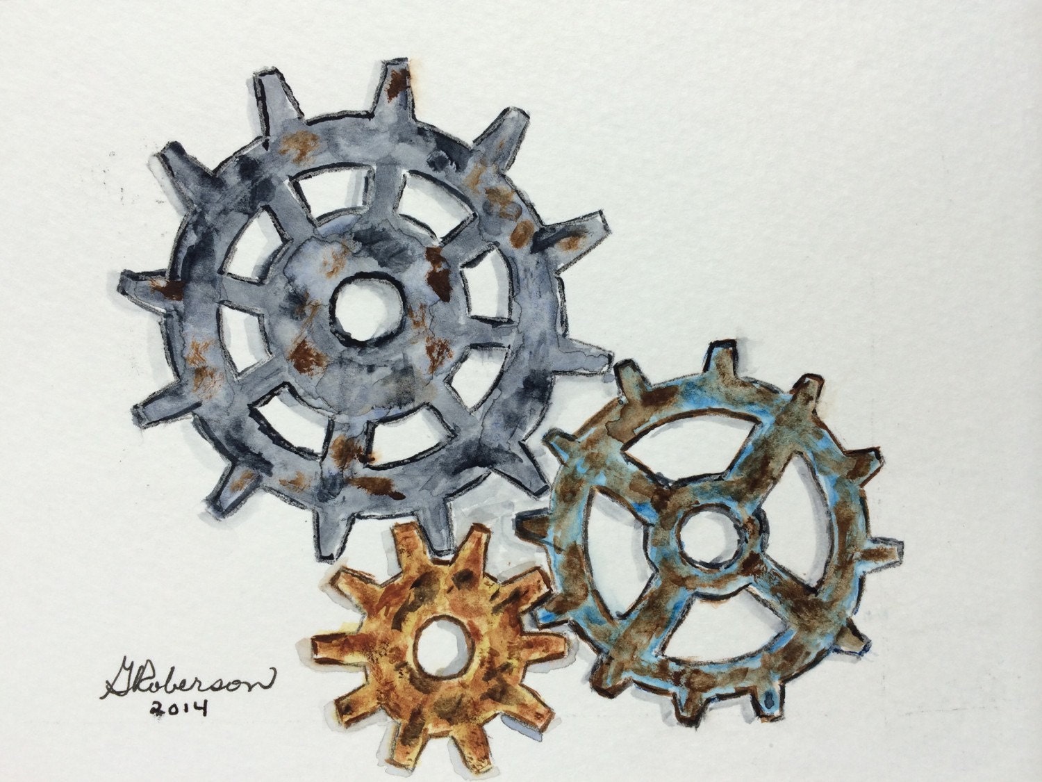 Gears original watercolor rusty gears industrial by CleoandJames